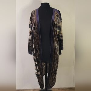 Long Velvet-Trim Open Cardigan in Purple and Black